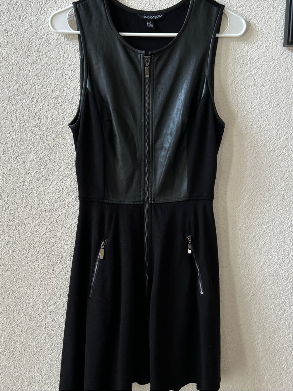 Eva Longoria dress S Fit and flare Edgy Leather and Zipper look Black LNWOT
